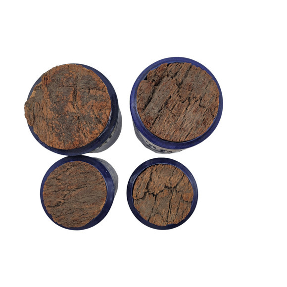 Vintage Set of 4 Blue White Sponge Ware Crock Jars w Cork Lids Signed on Bottom‎ - Picture 5 of 7